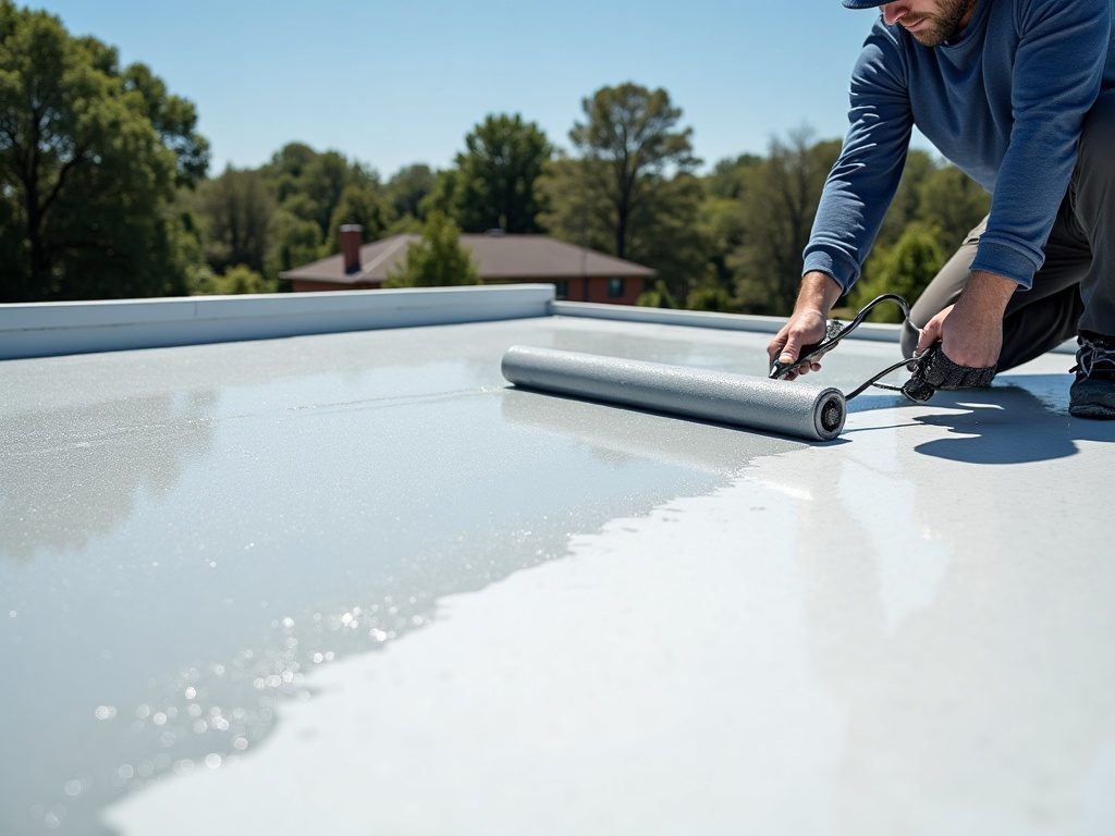 Roof coating and waterproofing applied to a flat residential roof