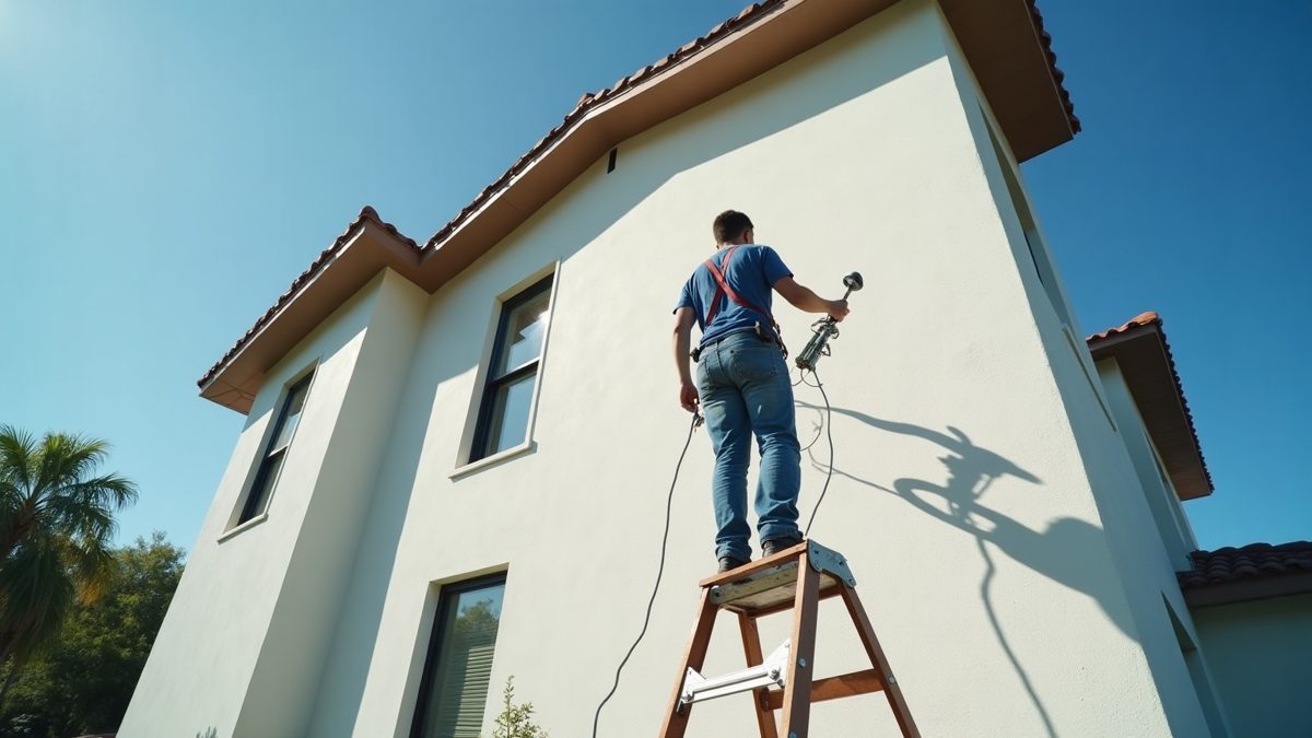 Painter refinishing the stucco exterior of a Fort Lauderdale home for Sense Decor LLC